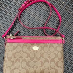 Coach Khaki Signature Crossbody with Hot Pink Trim